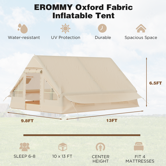 EROMMY 10*13 Air Inflatable Camping Tent, 129 SFT Glamping Tents with Stove Jack & Mesh Windows & Pump, Oxford Canvas Camping Tent
