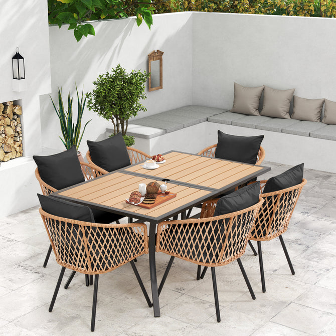 EROMMY 7-Piece Outdoor Dining Set – Rectangular Table with Umbrella Hole & 6 Rattan Chairs, Black-Erommy