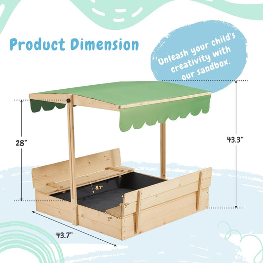 EROMMY Kids Sandbox with Cover, Wooden Sandbox with Height Adjustable Roof, Foldable Bench Seats for Aged 3-8, Outdoor Sandbox with Sand Protection Liner, for Backyard, Beach, Lawn