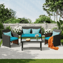 EROMMY 4-Piece Patio Furniture Set, Outdoor Wicker Patio Conversation Set with Cushions, Sofa & Glass Coffee Table, Blue