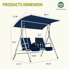 EROMMY 2-Person Outdoor Swing with Canopy, Storage Table, Cooler Bag & Cushions – Navy Blue-Erommy