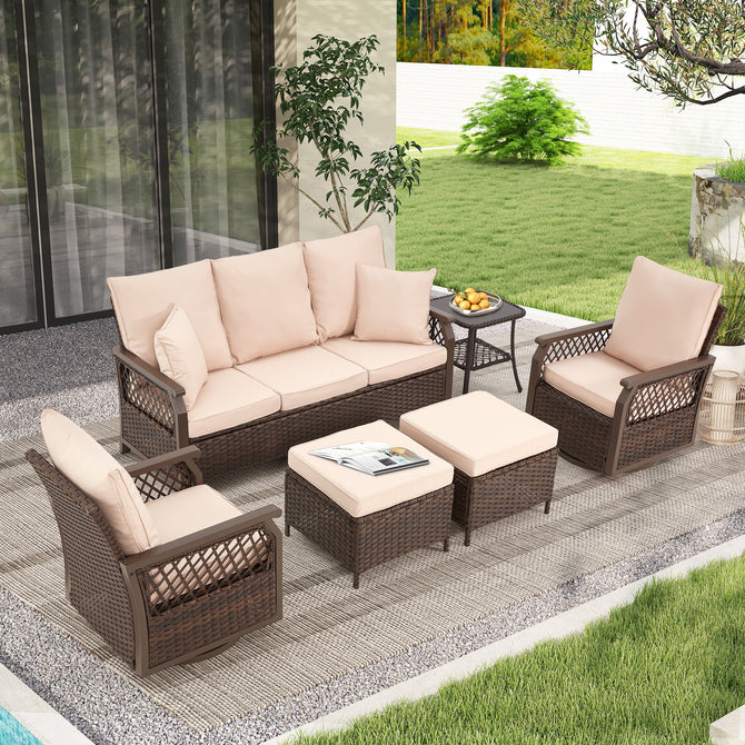 EROMMY 6-Piece Patio Set with Sofa, Swivel Rocking Chairs, Ottoman & Side Table, Brown-Erommy