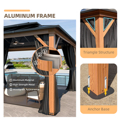 EROMMY 12' × 16' Hardtop Gazebo, Outdoor Gazebo with Double Polycarbonate Roof, Aluminum Gazebo with Curtains and Netting, Permanent Gazebo for Patio, Lawn and Pool-Erommy