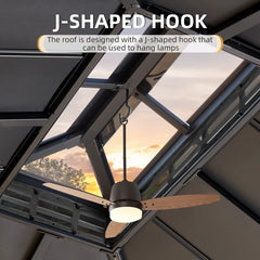 Erommy gazebo roof interior showing a J shaped hook suspending a ceiling fan with light beneath the double roof at sunset