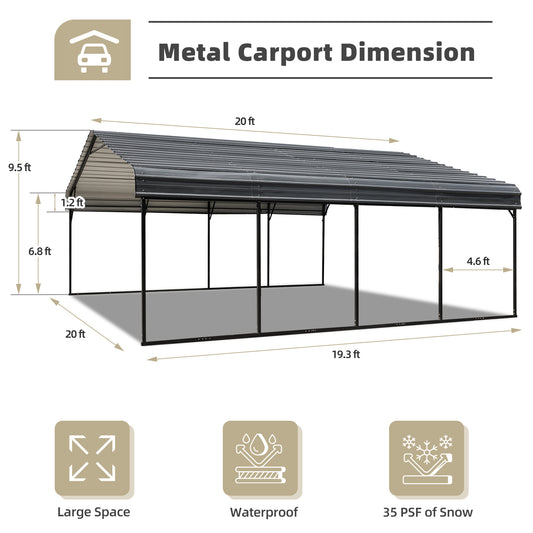 EROMMY 20'x20' Metal Carport, Heavy Duty Carport with Galvanized Steel Roof, Metal Outdoor Carport Canopy for 2 Cars, Truck, Boat and SUV