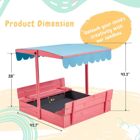 EROMMY Kids Sandbox with Cover, Wooden Sandbox with Height Adjustable Roof, Foldable Bench Seats for Aged 3-8, Outdoor Sandbox with Sand Protection Liner, for Backyard, Beach, Lawn, Pink