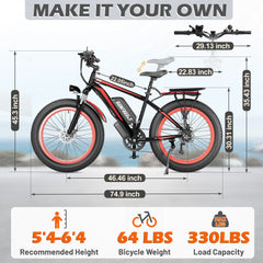 EROMMY Electric Bike for Adults,1500/3000W Peak Motor, 26" Fat Tire E-Bike with 48V 13AH Battery, 25-36 MPH Max 62 Miles Electric Motorcycle, 7-Speed Electric Mountain Bicycle