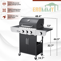 EROMMY 3 Burner BBQ Propane Gas Grill, 24,000 BTU Stainless Steel Patio Garden Barbecue Grill with Stove and Side Table