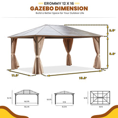 EROMMY 12' x 16' Hardtop Gazebo, Outdoor Polycarbonate Roof Canopy, Aluminum Frame Permanent Pavilion, Sunshade-Erommy