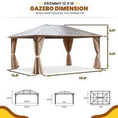 Erommy 12 by 16 foot hardtop gazebo dimension diagram showing a curtained pavilion, roof height, footprint, and top view measurements