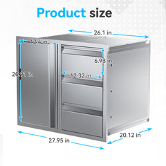 EROMMY Outdoor Kitchen Drawer and Trash Bin Combo - 28"Wx20"Dx23"H Built-in 304 Stainless Steel Cabinet with Triple Drawers & Pull-Out Trash Drawer, Silver