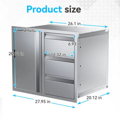 EROMMY Outdoor Kitchen Drawer and Trash Bin Combo - 28"Wx20"Dx23"H Built-in 304 Stainless Steel Cabinet with Triple Drawers & Pull-Out Trash Drawer, Silver