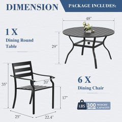 EROMMY 7-Piece Outdoor Patio Dining Set for 6, Round Metal Table with Umbrella Hole & Stackable Chairs