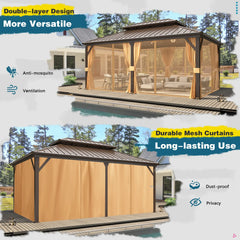 Erommy hardtop gazebo with double-layer metal roof, screened curtains, and enclosed outdoor seating area for shade, privacy, ventilation, and mosquito protection