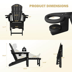 EROMMY 3-Level Adjustable Adirondack Chair with Retractable Ottoman, Folding HDPE Outdoor Chair with Cup Holders, Black