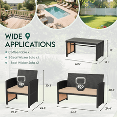 Outdoor furniture set with dimensions and weight capacity displayed, set against a garden background.