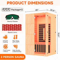 EROMMY 2-Person Indoor Infrared Sauna for Home, Far Infrared Sauna with Red Light Therapy, Chromotherapy Lighting, 6 Carbon Heaters & Bluetooth Speaker, Natural Wood