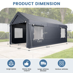 EROMMY Carport, 10' x 20' Heavy Duty Carport with Roll-up Windows,Portable Garage with Removable Sidewalls, Car Canopy for Truck, Tractor, Boat, Gray