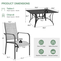 EROMMY 9 Piece Patio Dining Set, Outdoor Dining Table And Chairs Set For 8, 8 PVC-coated polyester Chairs, 1 Iron Square Table With Adjustable Umbrella Hole (1.57"-1.97"), Gray