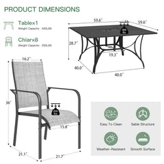 EROMMY 9 Piece Patio Dining Set, Outdoor Dining Table And Chairs Set For 8, 8 PVC-coated polyester Chairs, 1 Iron Square Table With Adjustable Umbrella Hole (1.57"-1.97"), Gray