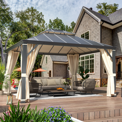 EROMMY 12' x 14' Hardtop Permanent Outdoor Aluminum Patio Gazebo with Double Roof for Patio and Garden, Curtains and Netting-Erommy