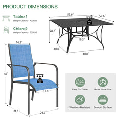 EROMMY 9 Piece Patio Dining Set, Outdoor Dining Table And Chairs Set For 8, 8 PVC-coated polyester Chairs, 1 Iron Square Table With Adjustable Umbrella Hole (1.57"-1.97"), Blue