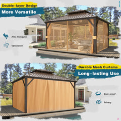 Erommy hardtop gazebo with metal roof and double layer mesh curtains, shown open and enclosed on a backyard deck for shade, privacy, and insect protection