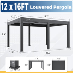 EROMMY 12' x 16' Outdoor Pergola with LED Lights, Aluminum Gazebo with Motorized Louvers & Side Screens for Patio, Backyard & Poolside, Black