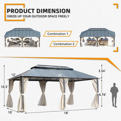 Erommy double roof hardtop gazebo shown in two layout options with metal roof panels, curtains, and open sides for outdoor shade and entertaining
