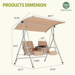 EROMMY 2-Person Outdoor Swing with Canopy, Storage Table, Cooler Bag & Cushions – Beige-Erommy