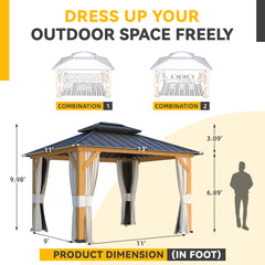 EROMMY 11' x 13' Outdoor Cedar Wood Hardtop Gazebo w/ Double Metal Roof, Curtains & Nettings-Erommy