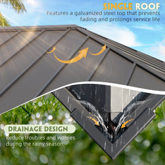 EROMMY 12' x 16' Luxury Ultra-Thick Columns and Beams Hardtop Gazebo with Faux Wood Grain Aluminum Frame, Vertical Stripe Galvanized Steel Single Roof-Erommy