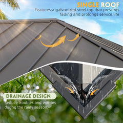 EROMMY 12' x 16' Luxury Ultra-Thick Columns and Beams Hardtop Gazebo with Faux Wood Grain Aluminum Frame, Vertical Stripe Galvanized Steel Single Roof-Erommy