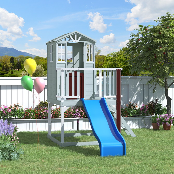 Erommy Outdoor Wooden Playhouse for Kids - Fir Tree House with Slide, Climbing Ladder & Play Kitchen | Ages 4-8, Gray-Erommy