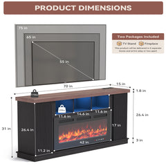 EROMMY 70 Inch TV Cabinet with Electric Fireplace, fire place tv stands for living room, LED Light Bar, Dark Walnut Color-Erommy