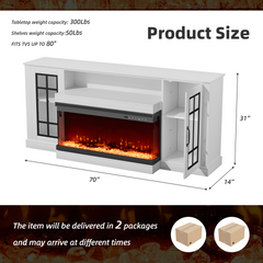 EROMMY 70 Inch 3-sided Glass Fireplace TV Stand with 9 Colors - White-Erommy