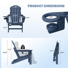 EROMMY 3-Position Adjustable Adirondack Chairs Set of 2, 400LBS HDPE Folding Outdoor Chairs with Cup Holder, Navy Blue