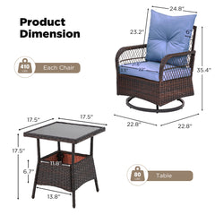 EROMMY 3 Pieces Patio Swivel Rocker Rattan Chairs, Outdoor Swivel Rocking Chairs with 1 Rattan Coffee Table, Blue-Erommy