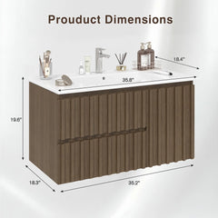 Erommy 36" Wall Mounted Single Bathroom Vanity With Ceramic Sink, Bathroom Vanity With Spacious Cabinet And 2 Soft-close Drawers, Brown