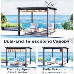 EROMMY Retractable Pergola 10x13 Ft, Outdoor Aluminum Shelter with Dual Adjustable Sun Shade Canopy for Patio Backyard, Locking System Includes Straps & Screws (Khaki)