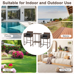 EROMMY 3-Piece Patio Wicker Bar Set, Rattan Bar Table & Stools with Cushion Covers (Blue/Gray)