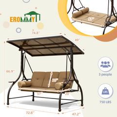 EROMMY 57in Outdoor Patio Swing with Hardtop, 3 person Bench with 2 Side Cup Holder, Convertible Backrest Swing Bed with Cushion, 2 Pillows-Erommy