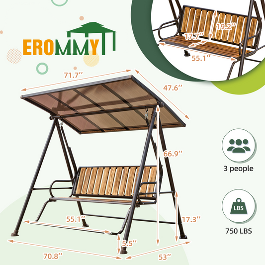 EROMMY 55in Outdoor Porch Swing with Hardtop, 3 Seat Patio Swing Bench with Foot Support, Porch Swing with Wooden Seat for Front Porch Lawn