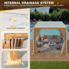 Erommy pergola with louvered roof and curtains shown in rain, illustrating gutter water collection and drainage through the posts