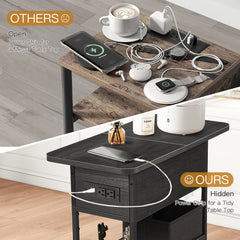 EROMMY Multi-Functional Flip Side Table, 360° Swivel Wheels & Storage Shelf for Living Room/Bedroom, Rustic Brown Wood End Table, Black-Erommy