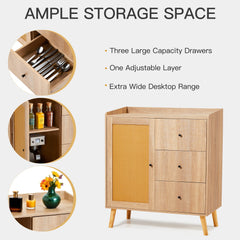 EROMMY Modern Cabinet with Rattan Door and 3 Drawers for Living Room, Kitchen, and Dining Room-Erommy