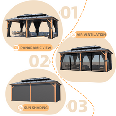 EROMMY 12'×20' Hardtop Gazebo, Faux Wood Grain Aluminum Outdoor Gazebo, Vertical Stripe Polycarbonate Double Roof, Curtains and Netting-Erommy