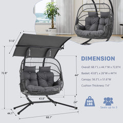 EROMMY Double Hanging Egg Chair with Stand, Wicker Loveseat Swing with Extra Cushion, Gray