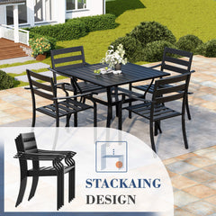 EROMMY 5-Piece Outdoor Patio Dining Set for 4, Square Metal Table with Umbrella Hole & Stackable Chairs