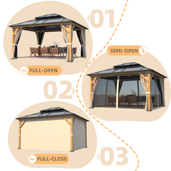 EROMMY 12' x 14' Hardtop Gazebo, Wood Outdoor Gazebo, Polycarbonate Double Roof, Netting and Curtains, Patio Gazebo-Erommy
